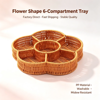Plateau de service à 6 compartiments en forme de fleur, imitation rotin tissé à la main en PP, pour collations, bonbons, bijoux