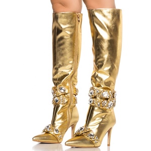 Big Diamonds Embellished Side Zipper Women's Knee High Boots Pointed Toe Cross Straps Long <b>Booties</b> Gold Stiletto Heels - Product Image 3
