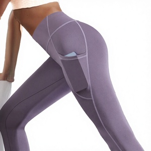 Huihe High Elastic Waist Solid Gym Sports <b>Leggings</b> Yoga <b>Workout</b> Pants <b>with</b> <b>Pocket</b> Quick Dry Polyester/Spandex Full Length - Product Image 2