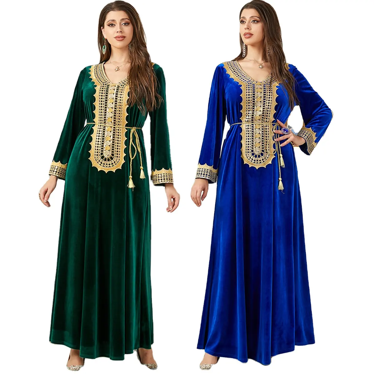 Kadın islam giysi uzun kollu elbiseler orta doğu kadın Abaya işlemeli dantel elbise lüks kadın ramazan müslüman uzun elbise
