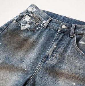 Jean ample vintage Wangsheng pour homme, coupe large, taille mi-haute, effet éclaboussures de peinture, en denim extensible (spandex/coton), délavage moyen, style années 90 - Product Image 5