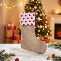 Calcetín Navideño Tipo Lino al por Mayor con Puño de Puntos Rojos, Calcetín Rústico para Chimenea, Decoración Navideña y Personalizado
