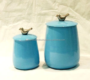 Juego de 4 contenedores de almacenamiento de estaño esmaltado con diseño de pájaro acabado azul Ideal para cocina, comida y organización del hogar hecho en La India - Product Image 3