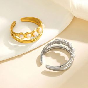 New High Quality Certified Pearl Stainless Steel Gold Plated Double Layer <b>Open</b> <b>Ring</b> for Girls Waterproof - Product Image 2