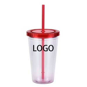 Offre Spéciale – Gobelet personnalisé avec logo imprimé, 16 oz, double paroi, en plastique acrylique transparent, avec trou et paille - Product Image 3