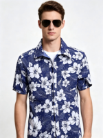 Vêtements de plage d'été en satin tricoté par sublimation de qualité supérieure, motif floral tropical bleu Hawaï, couleurs vives, résistants à la décoloration, vente en gros