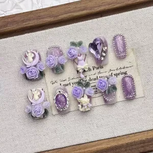<span class=keywords><strong>Uñas</strong></span> Postizas al por Mayor, Hechas a Mano, con Diseño de Ojo de Gato Morado, Forma Corta, Acrílicas, con Detalles de Gatito - Product Image 4