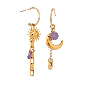 Boucles d'oreilles tendance en acier inoxydable à motif martelé soleil et lune, style rétro, accessoires pour femmes - Product Image 1