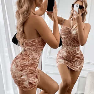 Sexy Backless Tie Dye Printed Mini Dresses For Woman Marble Print Ruched Tie Backless Halter Bodycon Dress
