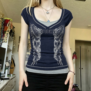 Wing Print Double Layer Patchwork Tight U Neck Crop Tee Contrast Trim Y2K Subculture Vintage <b>Distressed</b> Short Sleeve <b>Top</b> - Product Image 1
