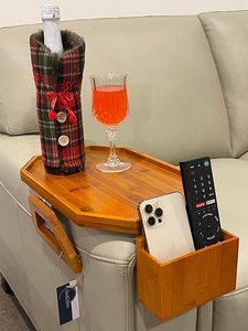 Large Couch Arm <strong>Table</strong> with Remote Control Organizer - Natural Bamboo Sofa Arm <strong>Table</strong> <strong>Armchair</strong> Armrest <strong>Tray</strong> Clip-On Recliner Caddy - Product Image 3