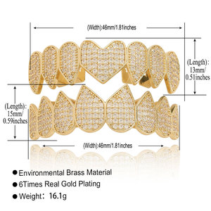 BES Tooth <span class=keywords><strong>Grilz</strong></span> Coeur Forme Laiton Métal Micro Pave Full CZ <span class=keywords><strong>Grilz</strong></span> Haut et Bas Fang Grills Dents Hip Hop Bijoux - Product Image 3