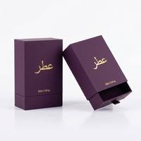 Boîte d'emballage de parfum en papier rigide recyclable de luxe, laminage mat personnalisé, violet, logo arabe estampé à chaud en or, Moyen-Orient