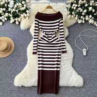 Robe décontractée printemps-automne pour femme, style chic, épaules dénudées, manches longues, rayures contrastées, robe en tricot élégante pour femme