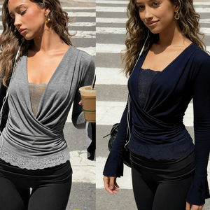 Top de Punto para Mujer, Venta Caliente 2025, Manga Larga, Manga Acampanada, Cuello en V, Top Corto con Detalle de Encaje, Talla Grande, Ajuste Holgado, Ropa Urbana - Product Image 1