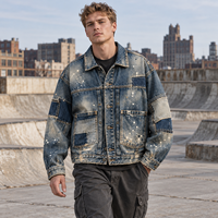 Veste en jean oversize pour homme, bleu délavé, patchwork, éclaboussures de peinture, streetwear, personnalisable, B2B, OEM, ODM, vente en gros, marque privée