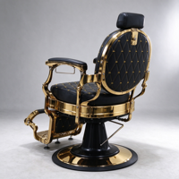 Fauteuil de barbier hydraulique professionnel robuste, pivotant à 360°, inclinable, en cuir noir, avec accoudoirs dorés de luxe, pour salon de coiffure
