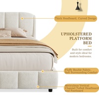 Modernes Bouclé-Stoff Kingsize-Plattformbett mit Gebogenem Gepolstertem Kopfteil, Gepolstertes Bettgestell mit Holzlattenunterstützung für Schlafzimmer