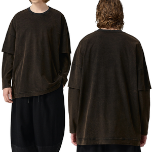 Vintage lavato a strati a maniche lunghe t-shirt leggera in cotone tinta unita felpe Casual Anti Pilling camicie da uomo un pezzo - Product Image 1