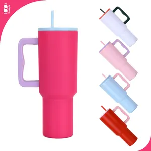 New Color Matching Powder Coated Tumbler 40 oz Stainless Steel Travel Mug Coffe Cup 40oz Tumbler With Handle And Straw Lid