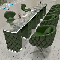 Ensemble de table de manucure de luxe capitonnée à bulles avec aspirateur de poussière double intégré, éclairage LED inférieur, bureau à ongles en marbre et tiroirs de rangement