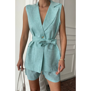 Conjunto de chaleco y pantalones cortos de lino color menta, conjunto informal sin mangas para mujer, talla S - Product Image 4