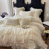 Parure de lit 4 pièces style Princesse Française en coton lavé couleur unie, avec housse de couette à volants en dentelle, douce pour la peau, haut de gamme