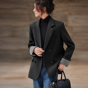 Women's Black Blazer Solid Color Polyester Worsted Anti-Wrinkle Spring Autumn Winter Casual Coat - Product Image 2