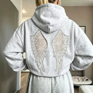 <span class=keywords><strong>Felpa</strong></span> Oversize da Donna 2026 con Cappuccio, Dettagli in Pizzo e Ali d'Angelo sul Retro, Maniche Lunghe, Tinta Unita, Stile Streetwear - Product Image 3