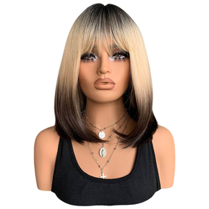 วิกผมบ๊อบสั้นตรงสีน้ำตาลทองเข้มธรรมชาติ ระบายอากาศได้ดี โคนผมสีเข้ม ผลิตด้วยเครื่องจักร ทำจากเส้นผมสังเคราะห์ ทนความร้อน - Product Image 1