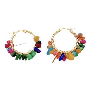 <b>Hoop</b> Earrings Natural Stone Wrapped Gold Plated <b>Large</b> Size Bohemian Style Fashion Jewelry - Product Image 3