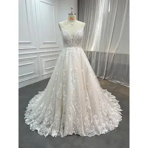 2023 Collection Sparkle Champagne Spaghetti Strap Lace Appliques Wedding Dresses Beaded Top Lace-up Back Sequin Bridal Ball Gown