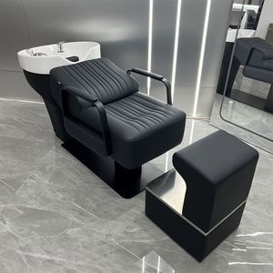 Cama de Lavado Semi-Reclinable de Alta Gama para Salón, con Lavabo de Cerámica, Tapicería de Cuero, Espacio de Almacenamiento y Diseño Personalizable para Barberías - Product Image 3