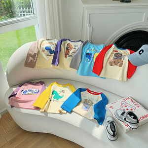 เสื้อเด็กสำหรับฤดูใบไม้ร่วง เสื้อยืดแขนยาวลายการ์ตูนสำหรับเด็กผู้ชาย แบบคัลเลอร์บล็อก สไตล์เกาหลี เสื้อผ้าฝ้ายสำหรับเด็กผู้หญิงสำหรับฤดูใบไม้ผลิ - Product Image 1