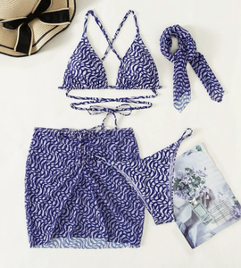 Maillot de bain de styliste imprimé, 4 pièces, écharpe à cheveux, jupe de plage, cover-up, bretelles croisées, ensemble Bikini, 2023 - Product Image 2