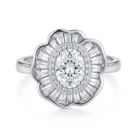 Cincin Bunga Putih Berlapis Rhodium Kuningan Vintage Batu Oval Potongan Baguette Hadiah Pengantin Pakaian Pesta Merek LY Model SCR180