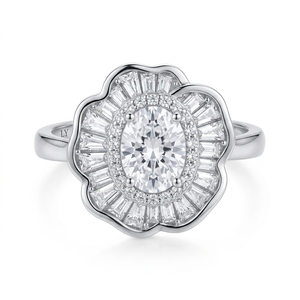 Anillo Vintage de Latón con Flor Blanca y Circonita Cúbica, Piedra Central Ovalada, Corte Baguette, Joyería Nupcial para Mujer, Regalo, Uso en Fiestas - Product Image 2