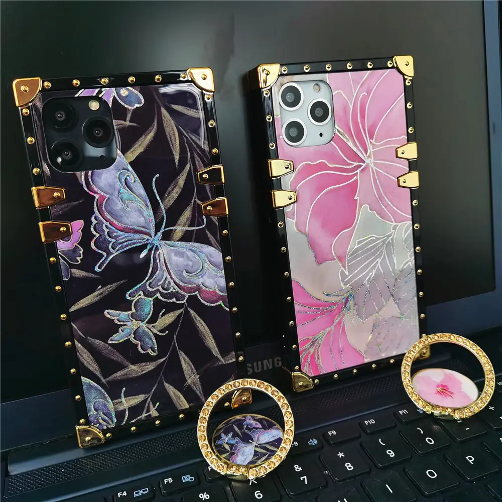 Luxusmarke Butterfly Flower Glitter Square Case für Samsung Galaxy A72 A52 A10 A20 A32 A50 A70 A51 A71 A31 A21S M30 M51 Abdeckung