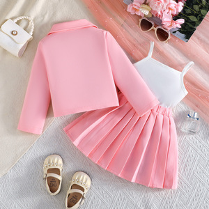 Elegante Completo per <span class=keywords><strong>Bambina</strong></span>: <span class=keywords><strong>Blazer</strong></span> Rosa con Bordo Floreale <span class=keywords><strong>Bianco</strong></span>, Doppio Fiocco e Gonna Plissettata - Product Image 5