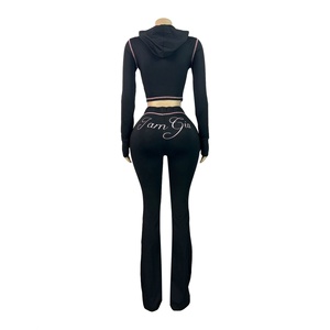 Hottie Sporty 2 Parça Takım Kadın Kapüşonlu Fermuarlı Harfli Baskılı Crop Top ve İspanyol Paça Çizgili Tatlı Seksi Esnek Dar Pantolon - Product Image 4