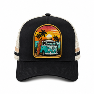 Casquette Trucker <span class=keywords><strong>en</strong></span> Maille Rayée Bicolore avec Logo Patch Tissé Personnalisé Motif Palmier de Plage, OEM ODM, Réglable, pour Sport et Activités de Plein Air - Product Image 2