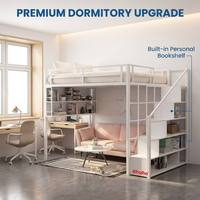 Lit mezzanine moderne en métal avec escalier et armoires de rangement, lit mezzanine double gain de place avec étagère pour enfants et adultes, idéal pour studio