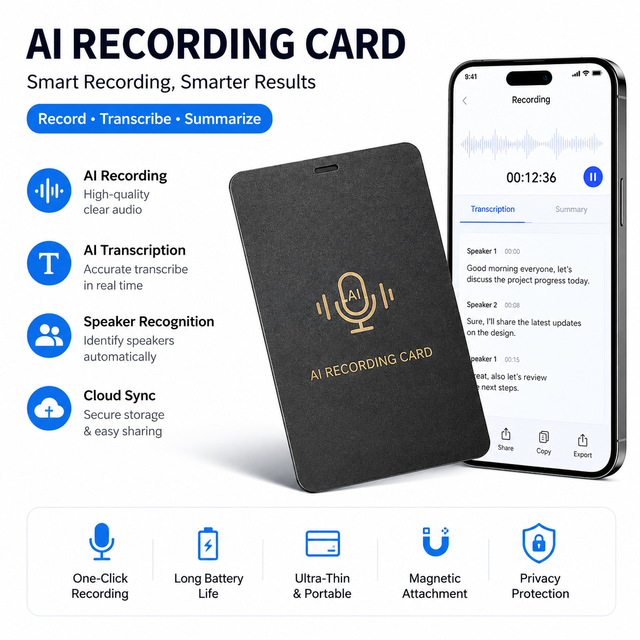 AI Note Taker Voice Recorder Card Smart Meeting Assistant Transcription Summary Portable Digital Wifi  OEM ODM Capture