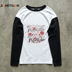 T-shirt Y2K décontracté <span class=keywords><strong>en</strong></span> coton épais imprimé léopard, color block, manches longues, style streetwear rock, effet délavé - Product Image 2