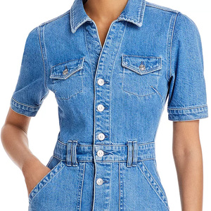 Robe chemise d'été décontractée à manches courtes <span class=keywords><strong>en</strong></span> <span class=keywords><strong>jean</strong></span> Mini robe <span class=keywords><strong>en</strong></span> <span class=keywords><strong>jean</strong></span> pour femmes avec bandeau à la taille et col pointu sur le devant - Product Image 4