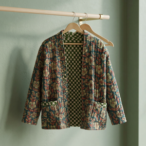 Indian Handmade Quilted Cotton <b>Jacket</b> Jaipuri Vintage Reversible Autumn Breathable Floral Pattern <b>Mandarin</b> <b>Collar</b> - Product Image 3