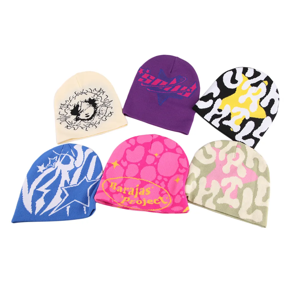 Wholesale customized 100% Acrylic Winter Hats all over logo knitted jacquard Knitted Beanie Hat