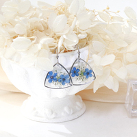 Vergissmeinnicht-Bernstein-Anhänger und -Ohrringe, Tropfkleber, Blau, Versilbert, Boho-Stil, Echter Blumenschmuck, Gepresste Blumen-Ohrringe