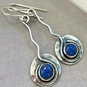 Pendientes colgantes de plata tibetana con engaste de lapislázuli, estilo vintage para mujer, joyería chapada en plata antigua - Product Image 3