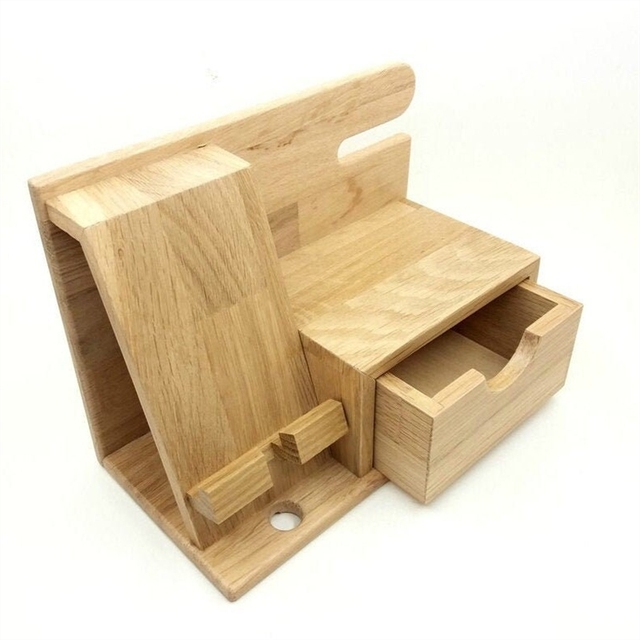 FactoryJUNJI Double Tier Natural Wood Phone Station Desk Organizer Folding Docking Station Drawer-Eco-Friendly Home Decor Gift